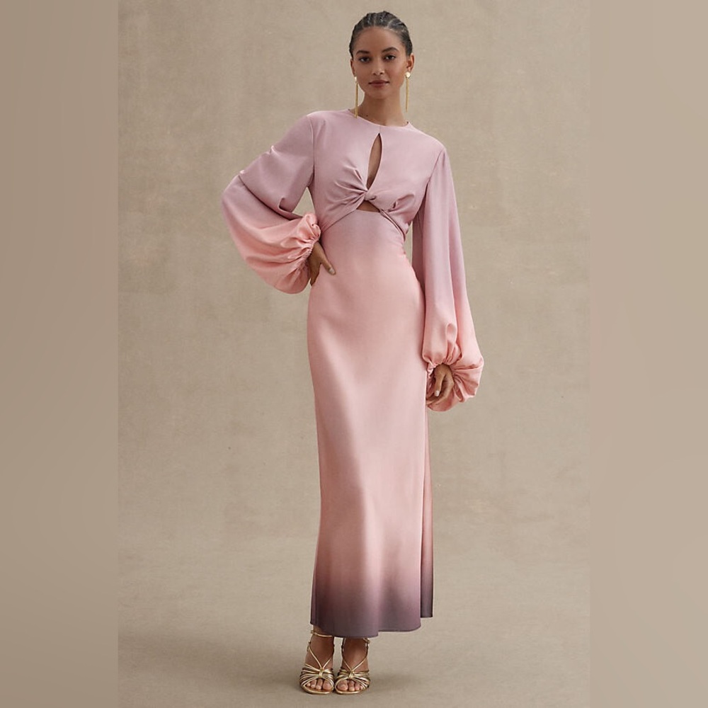 Anthropologie Pink Ombre Satin Long Sleeve Cutout Wedding Dress